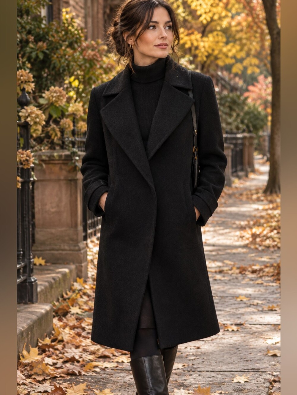 Women’s Black Long Wool-Blend Trench Coat - Elegant Tailored Fit